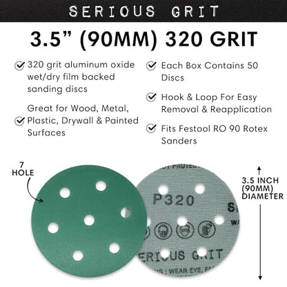 7-Hole 3.5-Inch / 90mm Sanding Discs for Festool RO 90 Rotex by Serious Grit - size: 320 Grit