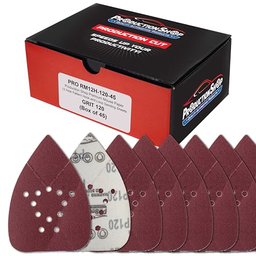 ProductionShop Premium 120 Grit 12-Hole Pattern Mouse Detail Sander Sandpaper Sheets, Box of 45 - Dustless Hook & Loop Triangle Shaped Mouse Disc Pads - Fits Black & Decker Woodworking Wood Furniture - style: 120 Grit