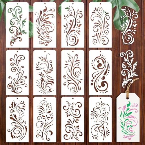 12 Sheets Various Rolls of Flowers Stencils, 12 Styles Flower Vine Drawing Templates Wildflower Reusable PET Art Stencils for Painting on Wall Wood Home Decor - style: Rolls of Flowers
