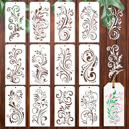 12 Sheets Various Rolls of Flowers Stencils, 12 Styles Flower Vine Drawing Templates Wildflower Reusable PET Art Stencils for Painting on Wall Wood Home Decor - style: Rolls of Flowers