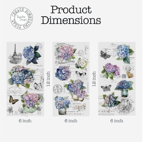Rub on Transfers for Crafts and Furniture | 3 Design Sheets 6”x 12” | Home Decor Transfers | Furniture and Craft Decals | by Thymeless Designs (Blooming Hydrangeas) - style: Blooming Hydrangeas