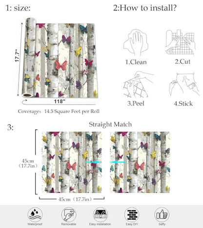 Birch Tree Peel and Stick Wallpaper, Butterfly Woodland Nature Wallpaper - color: ML-M095, size: 17.7" x 118"