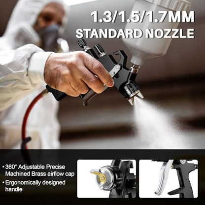 LVLP Air Spray Gun Premium Kit with 1.3/1.5/1.7mm Nozzle & Air Regulator,Automotive Paint Sprayer, for Cars & House DIY Painting Gun(Black) - color: LVLP Black