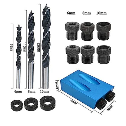 Pocket Hole Jig 14Pcs Kit - Woodwork Guides Joint Angle Tool Carpentry Locator - 15° Woodworking Inclined Hole Fixture 6/8/10mm Drill Bits Dowel Screw Drill Jig Joinery Kit Carpenters