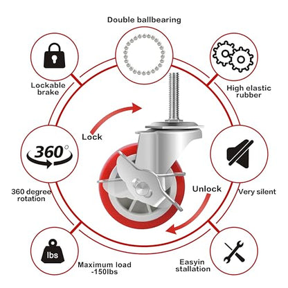 3 Inch Heavy Duty Stem Casters Swivel Wheels with Brake - 3/8" -16 x 1-1/2" (Stem Diameter 3/8", Stem Length 1-1/2"),Set of 4 with Locking Threaded Stem Caster Wheels - Load 600lbs - color: Bright red
