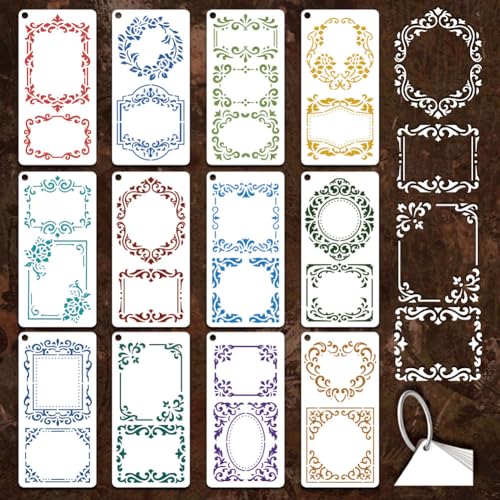 12 Sheets Ornate Frame Stencil for Painting, French Style Border Drawing Stencil Reusable PET Baroque Vintage Frames Templates for Painting on Wall Wood Home Decor