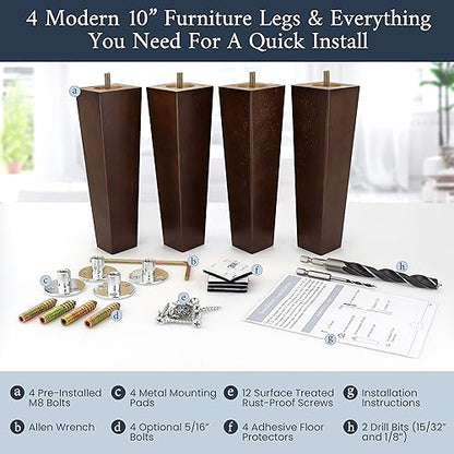Airy Abode Premium Walnut Square Furniture Legs (Full Install Kit) - Pick Your Size and Color - color: Brown, size: 10 Inches