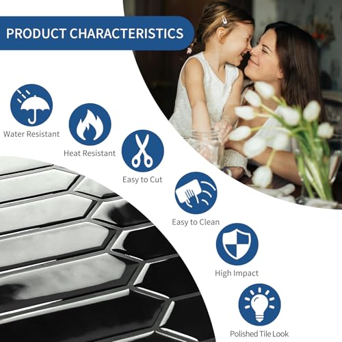 10 Sheets Long Hexagon Tile Peel and Stick Backsplash - color: Black