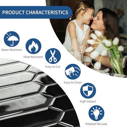 10 Sheets Long Hexagon Tile Peel and Stick Backsplash - color: Black