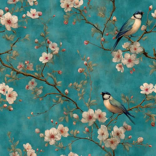 Bird Floral Peel and Stick Wallpaper, Teal Chinoiserie Botanical Wallpaper - color: ML-M091, size: 17.7" x 118"