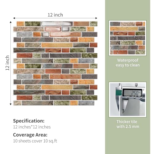 10 Sheets Thick Peel and Stick Kitchen Backsplash Tiles - color: Colorful