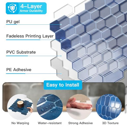Art3d Hexagon Tile Peel and Stick Backsplash, 10-Pack, 12" x 12", Dark Blue - color: Dark Blue, size: 12 x 12 Inch