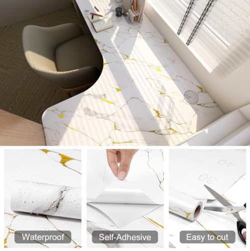 Peel and Stick Wallpaper White and Gold Marble Contact Paper for Countertop - color: White and Gold, size: 15.7" x 78.7"