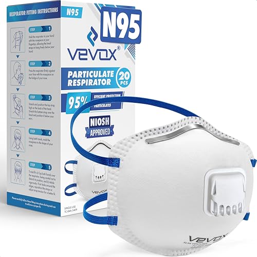 VEVOX™️ N95 Mask – NIOSH Approved – 10 or 20 Pack – Valved Particulate Respirator – Comfort-Plus Seal – Dust Mask for Adults - size: 20 Count (Pack of 1)