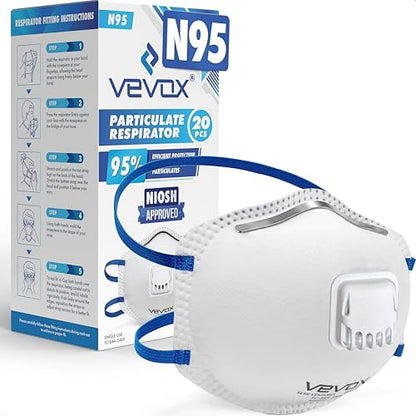 VEVOX™️ N95 Mask – NIOSH Approved – 10 or 20 Pack – Valved Particulate Respirator – Comfort-Plus Seal – Dust Mask for Adults - size: 20 Count (Pack of 1)