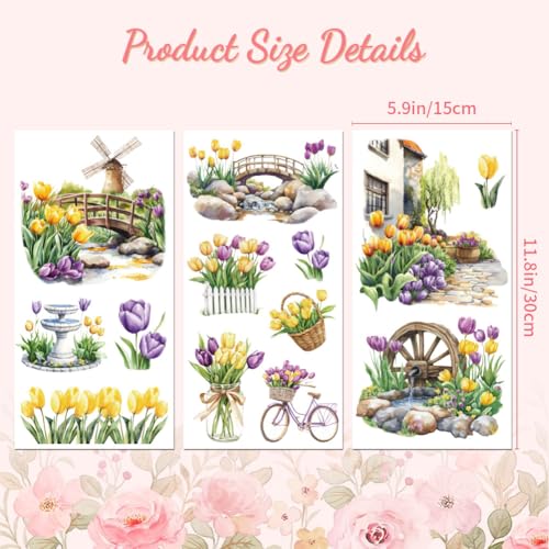 Peacoblue Tulips and Landscape Rub On Transfers for Furniture Craft 6"x12" - style: Tulips and Landscape