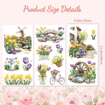 Peacoblue Tulips and Landscape Rub On Transfers for Furniture Craft 6"x12" - style: Tulips and Landscape