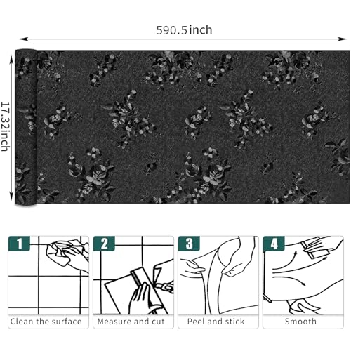 17.3"x590.5" Black Peel and Stick Wallpaper Modern Floral Contact Paper - color: Black, size: 17.3" x 590.5"
