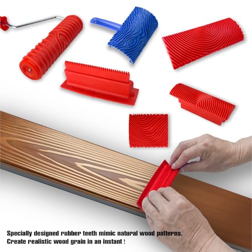 6pcs Wood Grain Tool Set - 7 Inch Rubber Paint Rollers for Realistic Wood Texture | DIY Faux Wood Look on Desk/Door/Floors | Durable & Washable Graining Tools