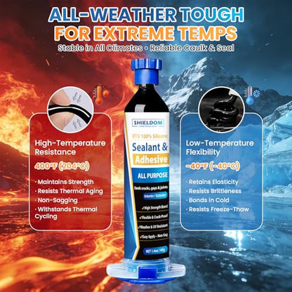 SHIELDOM RTV Silicone Sealant Black Silicone Caulk 100% Waterproof - No Caulking Gun Needed - High-Strength Flexible Shrink & Crack Proof Sealing for Cars, Bathroom, Kitchen, Windows 1.4oz