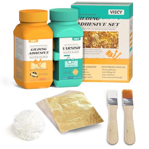 Gold Leaf Adhesive, Gilding Adhesive Set with 100ml Water Based Metal Leaf Glue and 100ml Varnish, 100 pcs Foil, 2 Brushes, Foil Wiping Cotton, for Arts, Crafts and Painting.