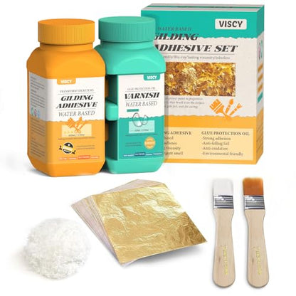 Gold Leaf Adhesive, Gilding Adhesive Set with 100ml Water Based Metal Leaf Glue and 100ml Varnish, 100 pcs Foil, 2 Brushes, Foil Wiping Cotton, for Arts, Crafts and Painting.
