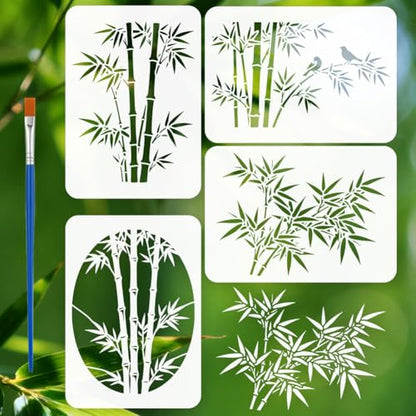 FINGERINSPIRE 4Pcs Bamboo Painting Stencil with Paintbrush 11.7x8.3inch Bamboo Leaves Pattern Painting Stencil Oriental Plant Leaves Stencils Reusable PET DIY Drawing Template for DIY Craft Home Decor - style: Bamboo