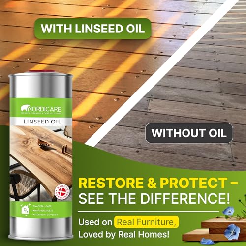 Nordicare Linseed Oil for Wood - 100% Pure & Natural Linseed Oil for Entire Indoor Area - Food-Safe Raw - Furniture - Underlines the Original Wood Structure - Made in Denmark (34oz) - size: 1 l