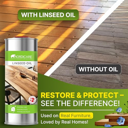 Nordicare Linseed Oil for Wood - 100% Pure & Natural Linseed Oil for Entire Indoor Area - Food-Safe Raw - Furniture - Underlines the Original Wood Structure - Made in Denmark (34oz) - size: 1 l