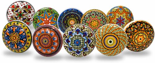Cosynee Vintage Multicolor Printed Ceramic Pull Knobs for Kitchen Cabinet, Door & Drawer, Wardrobe, Cupboard (Set of 10)