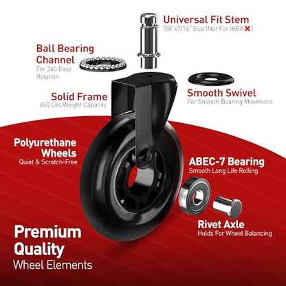 RIVEDA Office Chair Caster Wheels Set of 5 - Smooth 3 inch Heavy-Duty Replacement Rubber Wheels for Gaming & Desk Chair - Easy to Install, Suitable for Hardwood Floors, Carpet, Tiles (Black) - color: Black