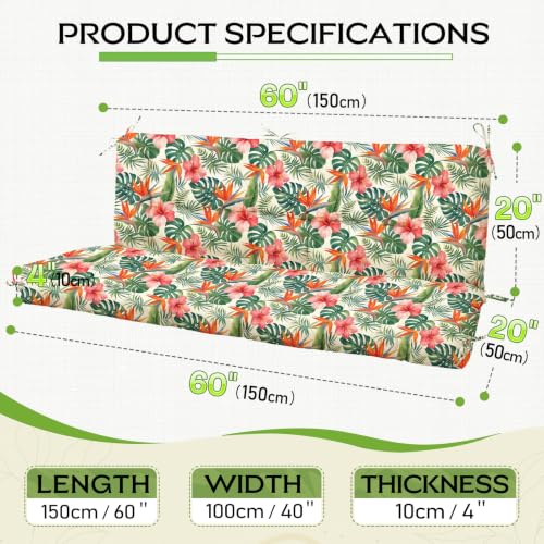Oxford Fabric Swing Cushions with Backrest & Tie Straps for Patio Bench - color: Red Floral With Green Leaf