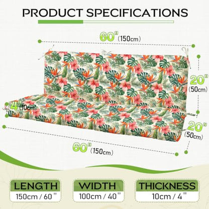 Oxford Fabric Swing Cushions with Backrest & Tie Straps for Patio Bench - color: Red Floral With Green Leaf