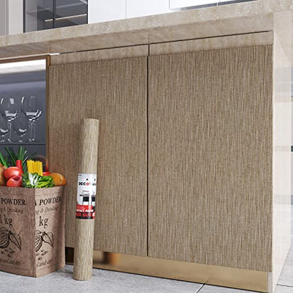 Decotalk Grasscloth Peel and Stick Wallpaper Grass Cloth Fabric Wallpaper for Cabinets Brown Fabric Contact Paper for Cabinets Waterproof Khaki Contact Paper Grasscloth Removable Modern 12"x120" - size: 12" x 120"
