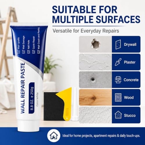 Efficient Drywall Repair Kit with Scraper, Wall Mending Agent White Spackle for Holes & Cracks, Fast Dry Wall Repair Paste for Dents, Tile Gap Filler, Complete Wall Repair Kit Indoor Outdoor (2PC)