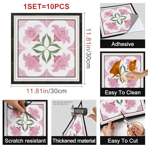 HOMETITUTE Elegant Pink Floral Peel Stick Floor Tile 12x12 Vinyl - color: Pink#6