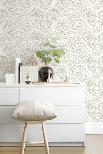 Safiyya Peel and Stick Wallpaper Boho Contact Paper 17.3"x 393" Beige and White Modern Wall Paper Self Adhesive Removable Wallpaper for Bedroom Vinyl Rolls - color: Beige and White, size: 17.3" x 393"