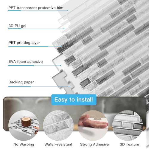 Art3d Linear Tile Peel and Stick Backsplash, 10-Sheet, Multi-Tone Gray - color: Multi-Tone Gray, size: 12 x 12 Inch