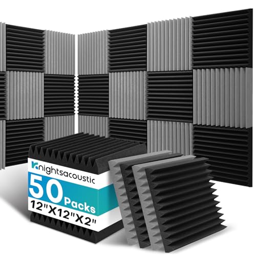50 Pack Sound Proof Foam Panels for Walls, 2 X 12 X 12 Inches Acoustic Foam Panels, High Density Acoustic Panels Sound Absorbing, Noise Cancelling Studio Wedges, Black + Grey (NOT INCLUDE ADHESIVE) - size: 50Packs Grey+Black