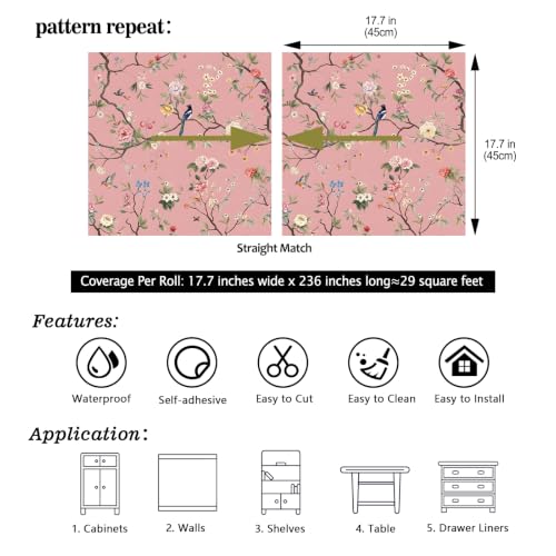 CHIHUT Blush Pink Chinoiserie Bird Floral Peel and Stick Wallpaper - color: Blush Pink, size: 17.7" x 236"