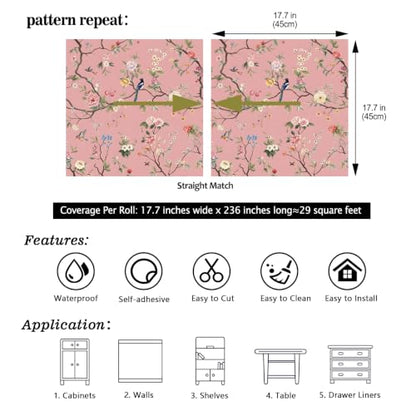 CHIHUT Blush Pink Chinoiserie Bird Floral Peel and Stick Wallpaper - color: Blush Pink, size: 17.7" x 236"
