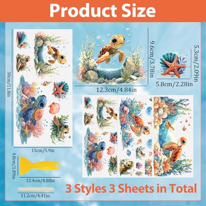 WANDIC 3 Sheets UV DTF Cup Warp Rub on Transfer Stickers, Cartoon Turtle Theme 3D Waterproof Decals for DIY Glass Water Bottle Furniture Crafts,15 * 30cm - color: Cartoon Turtle