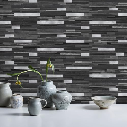 STICKGOO 20 Sheets Peel and Stick Backsplash Tile, Stick on Backsplash for Kitchen and Bathroom, Black Grey Wood Look PVC Mixed Metal Silver Self Adhesive Wall Tiles - color: Black Grey + Metal Silver