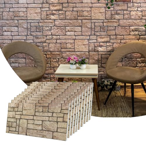 Dundee Deco 3D Wall Panels Faux Brick - Cladding, Beige Stone Look Wall Paneling, Styrofoam Facing for Living Room, Kitchen, Bathroom, Balcony, Bedroom, Set of 10, Covers 53 sq ft - color: Beige