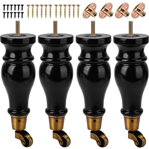9 inch / 22cm Wooden Furniture Legs with Casters Wheels, Pack of 4 Classic Black Solid Wood Round DIY Replacement Bun Feet for DIY Project Sofa Couch Cabinet Ottoman Bed Riser - color: Type D-black, size: 9"/22cm