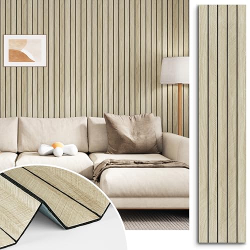 Beige Oak Peel and Stick Wood Panels 3D Textured Acoustic Wood Slats Panel for Wall 11.8"x197" Self Adhesive Soundproof Wooden Slatted Panel Wallpaper for Bedroom Office Studio Wall Decor - size: 11.8" x 197"
