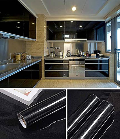 tiltil Shiny Peel and Stick Wallpaper Black Contact Paper 15.8" × 393" - color: Black, size: 15.8" x 393"