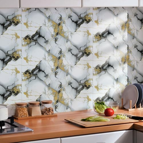 Peel and Stick Tile Shower Waterproof Marble Tiles Wall Panels, 11.8"x11.8" Self-Adhesive Backsplash Tile, 20 Pack - color: Gold with Gray, size: 20 Pack