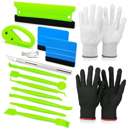 Umaki Vehicle Vinyl Wrap Tools Tinting Kit with 4in & 8.3in Plastic Felt Squeegee, Paper Cutter, 7in1 Green Mini Squeegee, Precise Knife and 2 Pairs Vinyl Wrap Gloves, Scratchless Application