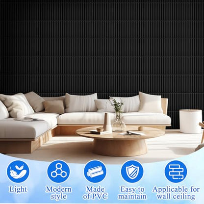 Nuanchu 32 Pcs 3D Wall Panels, 12"x12" PVC Fluted Tiles, Black - color: Black